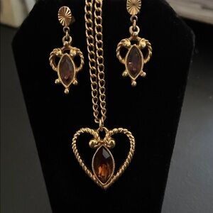 Gold-Tone Heart Pendant Necklace and Earrings with Amber Stones - Women Jewelry